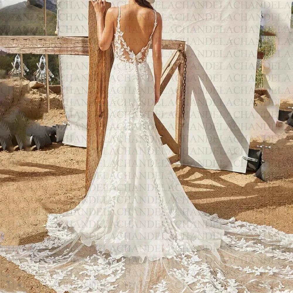 Spaghetti Strap Mermaid Wedding Dresses For Bride Satin V-Neck Appliques Backless Sleeveless Customised Robe De Mariée (ZD13355)