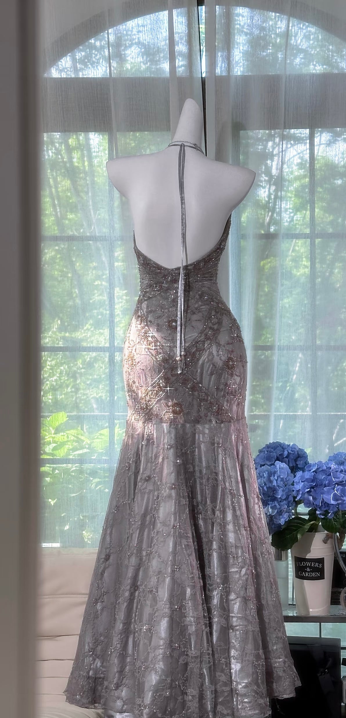 Halter Silver Long Prom Dress Lace Beaded Formal Party Dress J8408