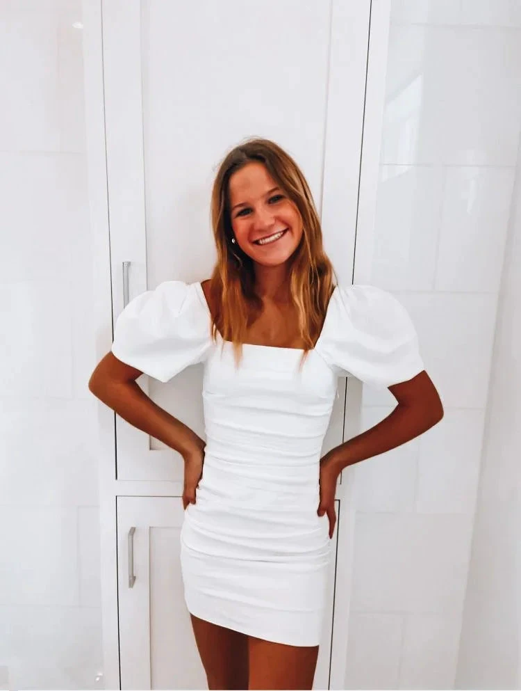 White Homecoming Dress with Puff Sleeves White Party Dress Y2276 by simplepromdress