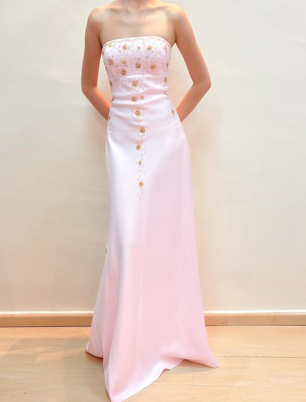 Beaded Strapless Pink Long Prom Dress Vintage Evening Dress