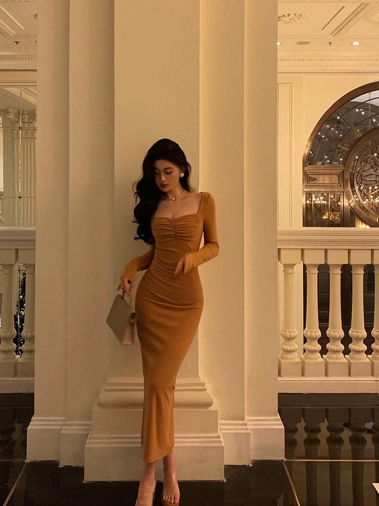 Classy Mermaid Square neckline Orange Prom Dresses Birthday Outfits Evening Gown - FashionDia