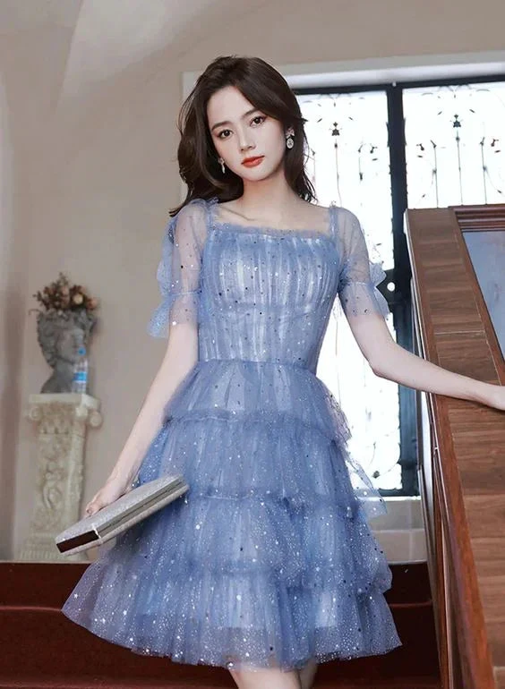 Blue Short Layers Tulle Formal Dress Blue Off Shoulder Homecoming Dress Party Dress Y1975 by simplepromdress