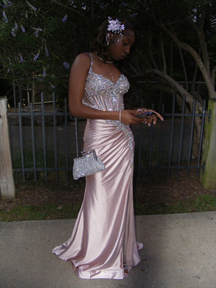 Classy Spaghetti Straps Pink Satin Beaded Mermaid Evening Dress Slit Long Wedding Guest Dress