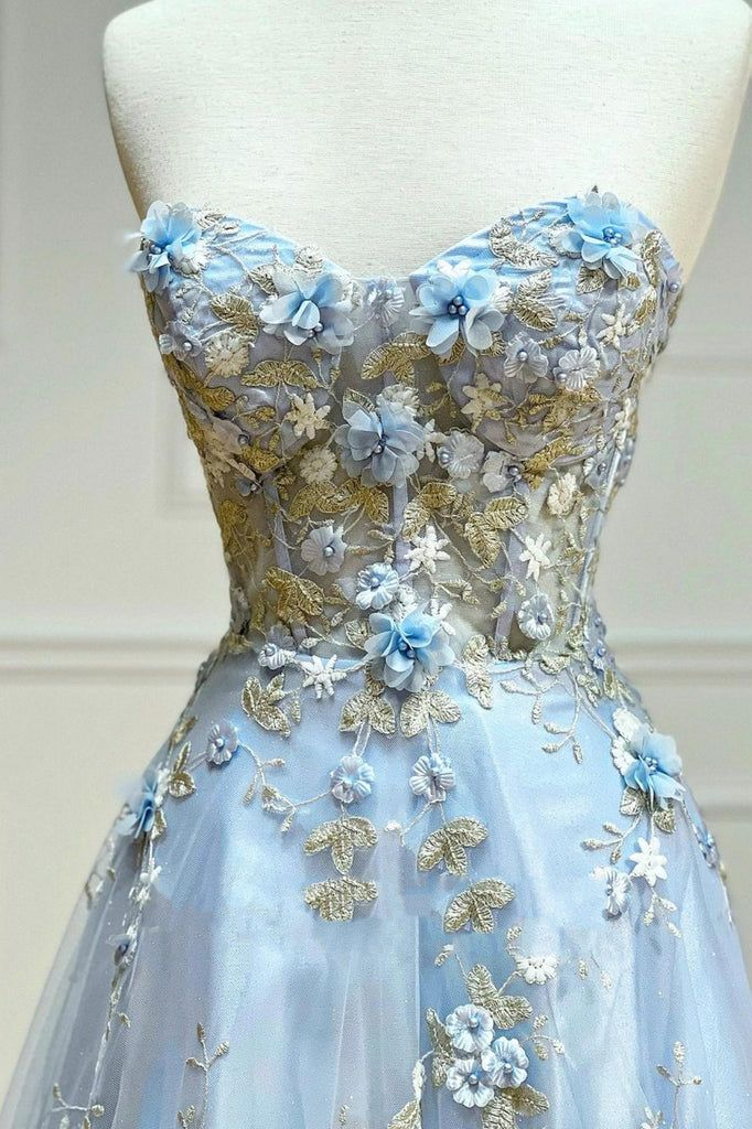 Blue Tulle Appliques Long Prom Dress A-Line Strapless Evening Dress Y6565 - VelvetHem