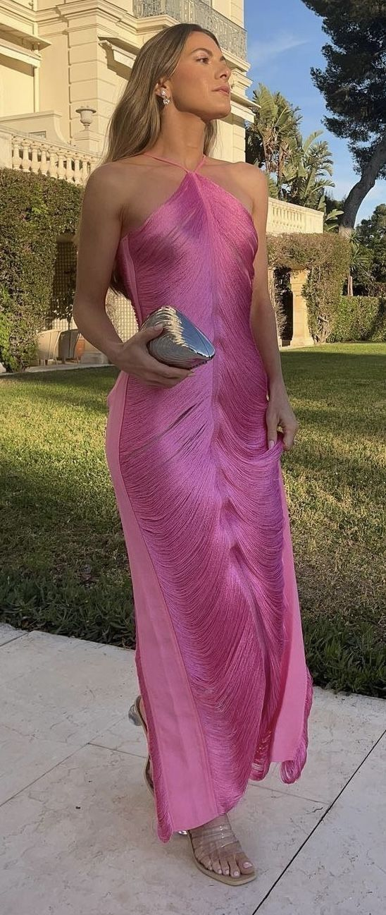 Classy Hot Pink Halter Satin Backless Prom Evening Dress,Slit Party Gown