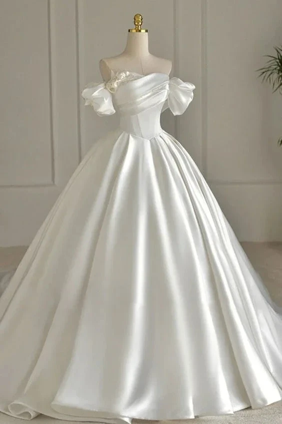 White Satin Beading Strapless Pleated Wedding Dress Y6852 by simplepromdress