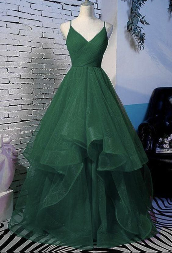 Green A-Line V-Neck Glitter Pleated Long Tulle Prom Dress/Evening Dress Y6440 - VelvetHem