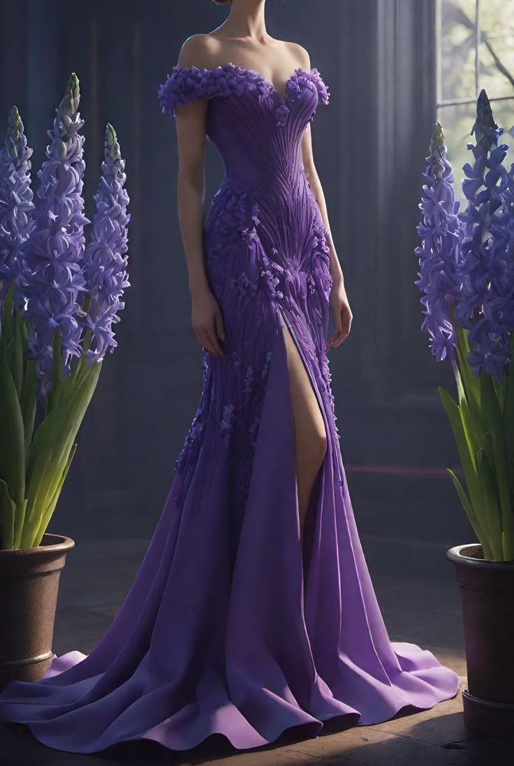 Glamorous Purple Satin Appliques Evening Dress,Slit Mermaid Party Prom Dress