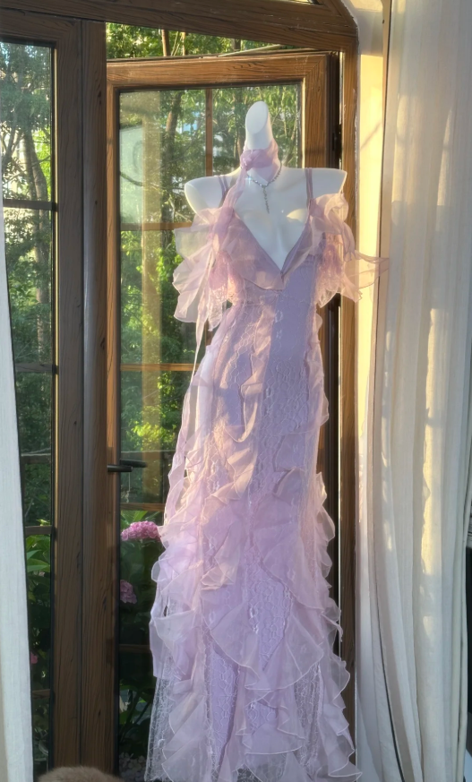 Classy Pink Spaghetti Straps V-Neck Lace Chiffon Ruffle Mermaid Evening Dress Long Party Dress with Ribbon - FashionDia