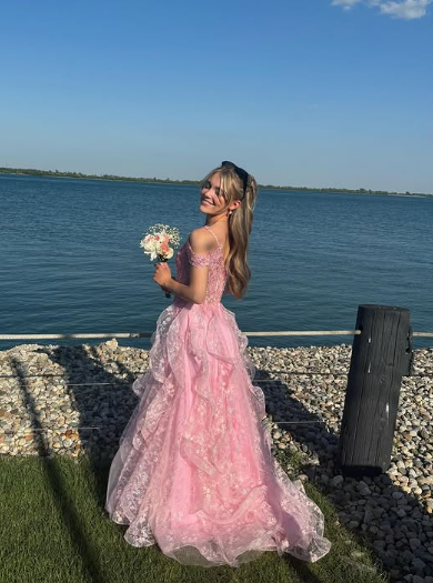 Pink Off Shoulder Fluffy Lace Appliques Floral Long Prom Dress Evening Dress Y7846 - View 6 | VelvetHem