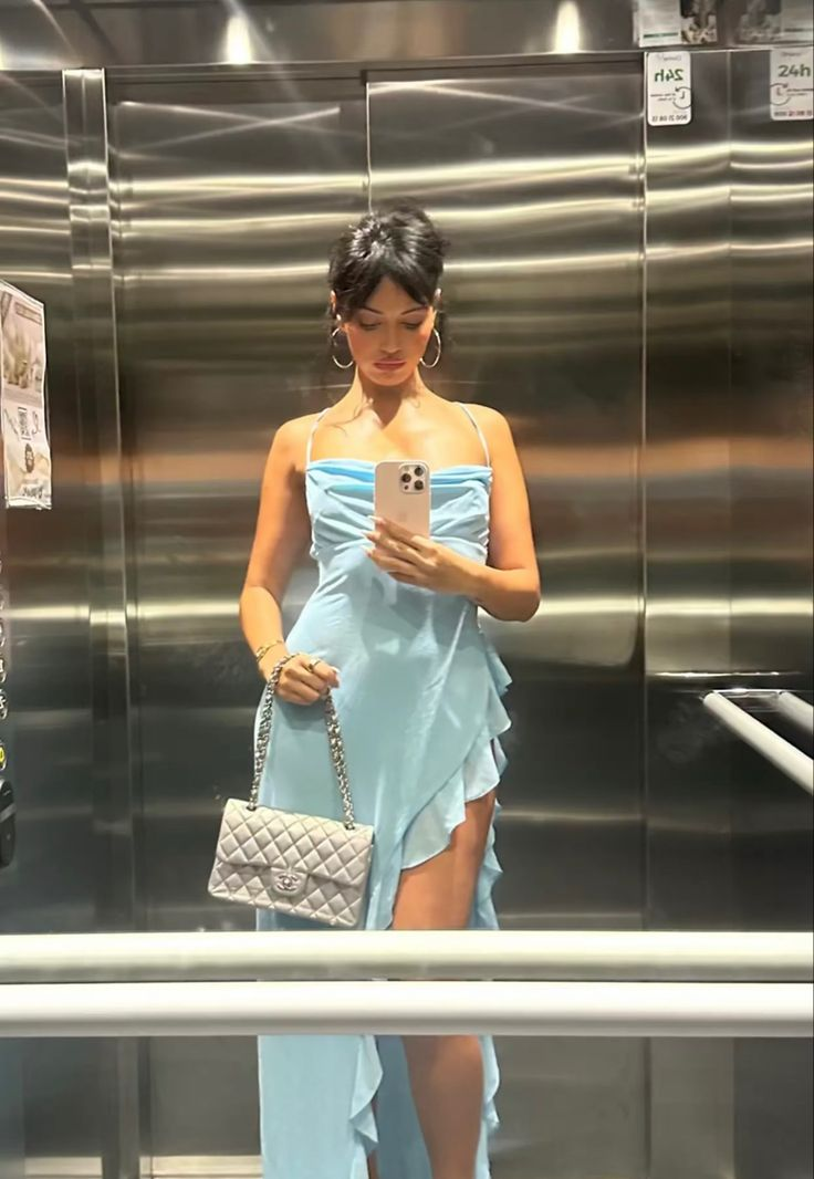 Spaghetti Straps Blue Chiffon Slit Ruffles Party Dress Sexy Prom Evening Gown