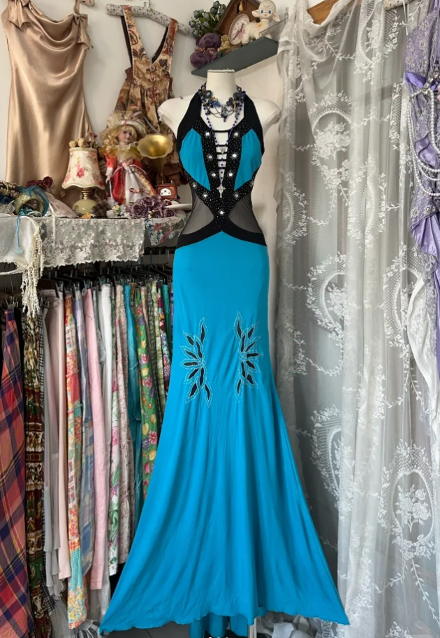 Vintage Halter Blue Satin Beaded Mermaid Prom Dress Long Evening Dress