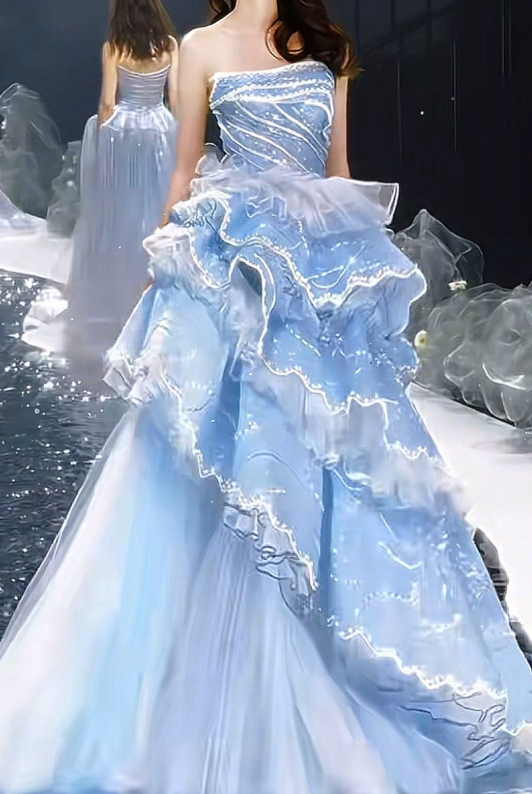 Charming Strapless Blue Tulle Beaded Layered Ball Gown Formal Birthday Party Dress