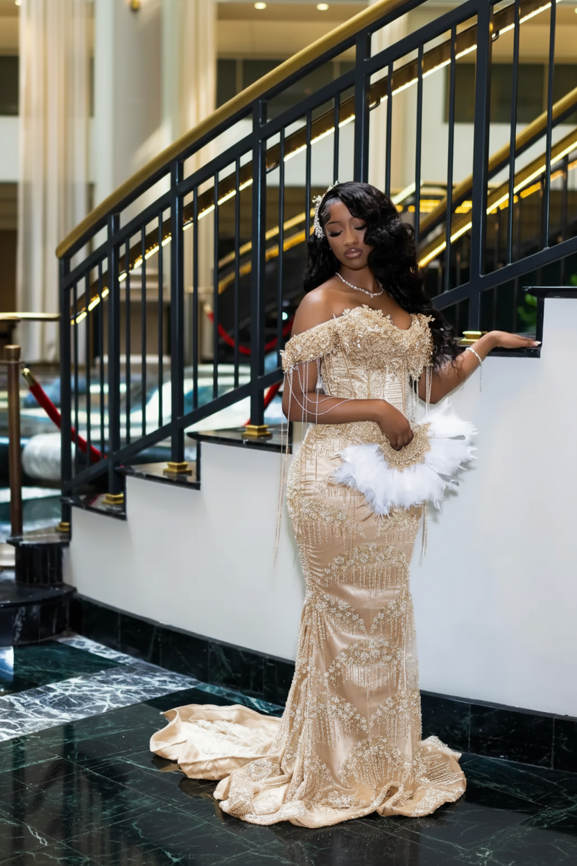 Luxury Glacial Silver Beaded Prom Dress – Crystal Fringe Mermaid Gown with Feather Accents | 2026 Couture Evening Collection (ZD17400)