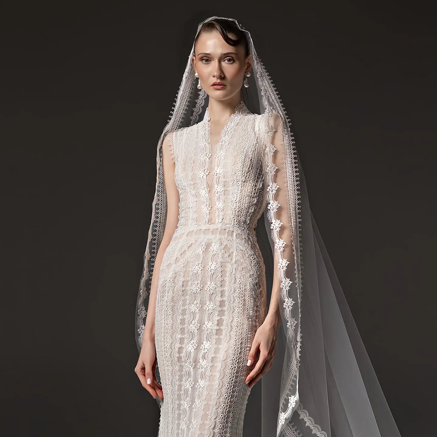 Elegant Ivory High Neck Sheer Lace Long Sleeves Mermaid Wedding Dress with Veil ZP085
