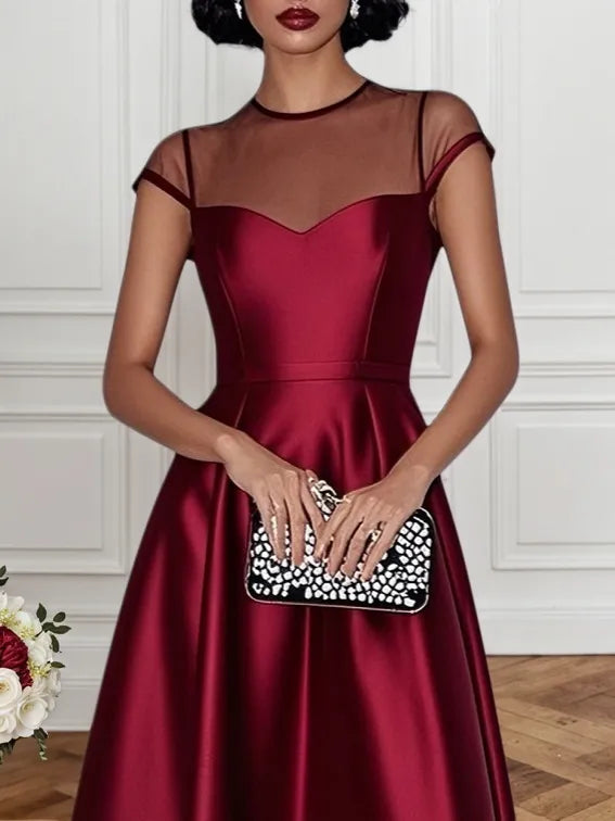 Wine Red Mesh Satin Crew Neck Short Sleeve A-Line Midi Dress