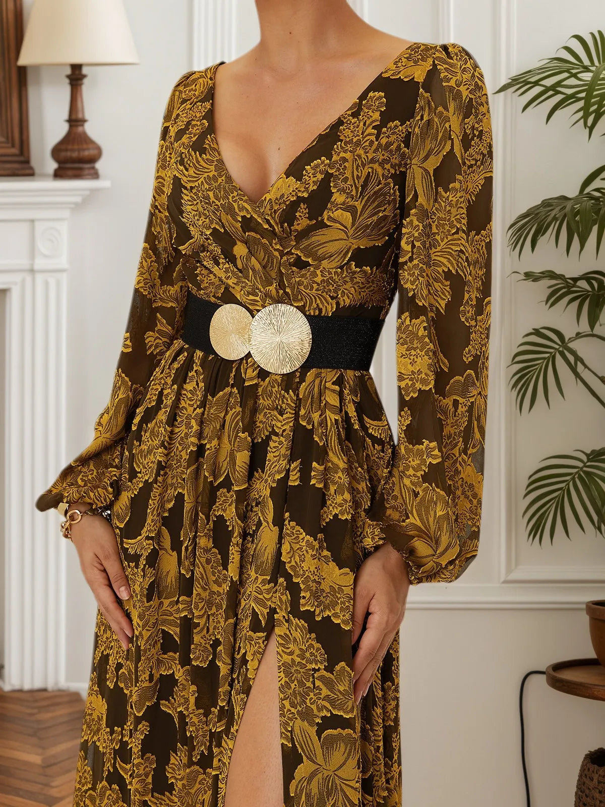 Golden Slit Floral Chiffon V Neck Long Sleeve Balloon Sleeve A-Line Gown Dress