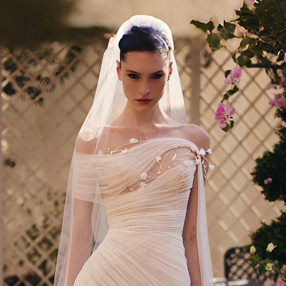 Elegant Off-the-Shoulder Ruched 3D Floral Wedding Dress with Veil ZP071