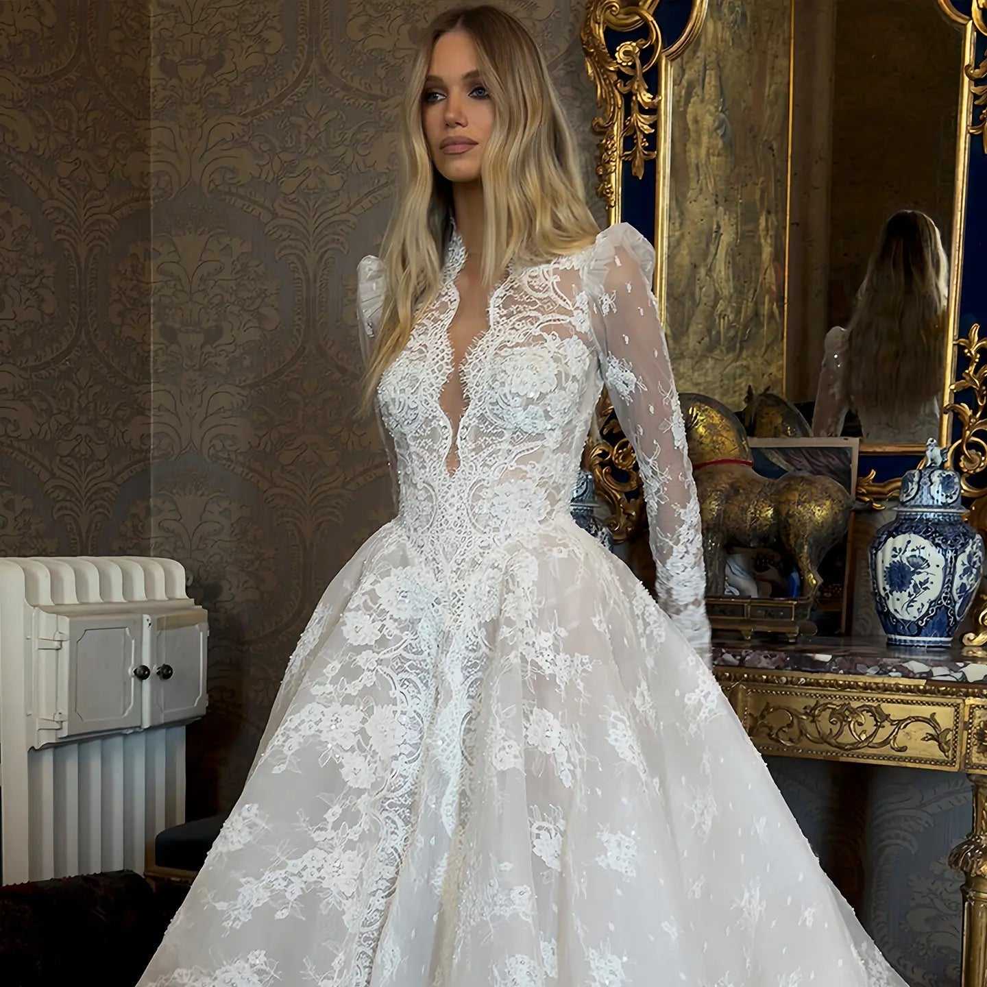 Luxury White High Neck Sequin Long Sleeve Lace A-Line Wedding Dress ZP094
