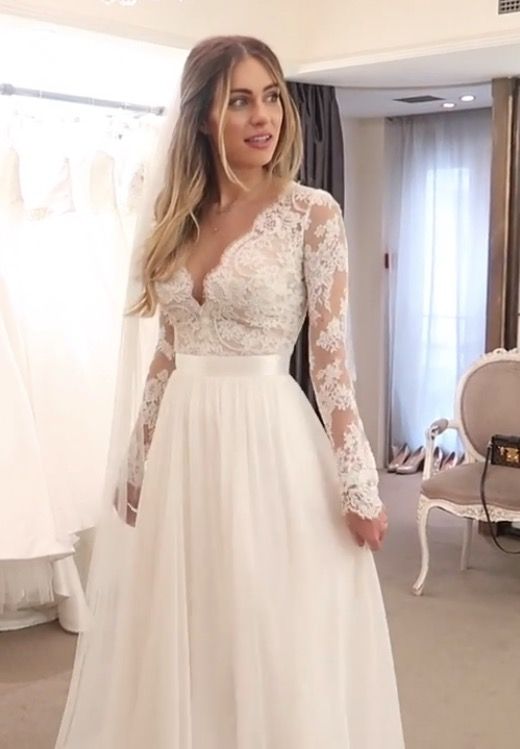 A-Line Princess Long Sleeves V-Neck Applique Wedding Dresses - FashionDia