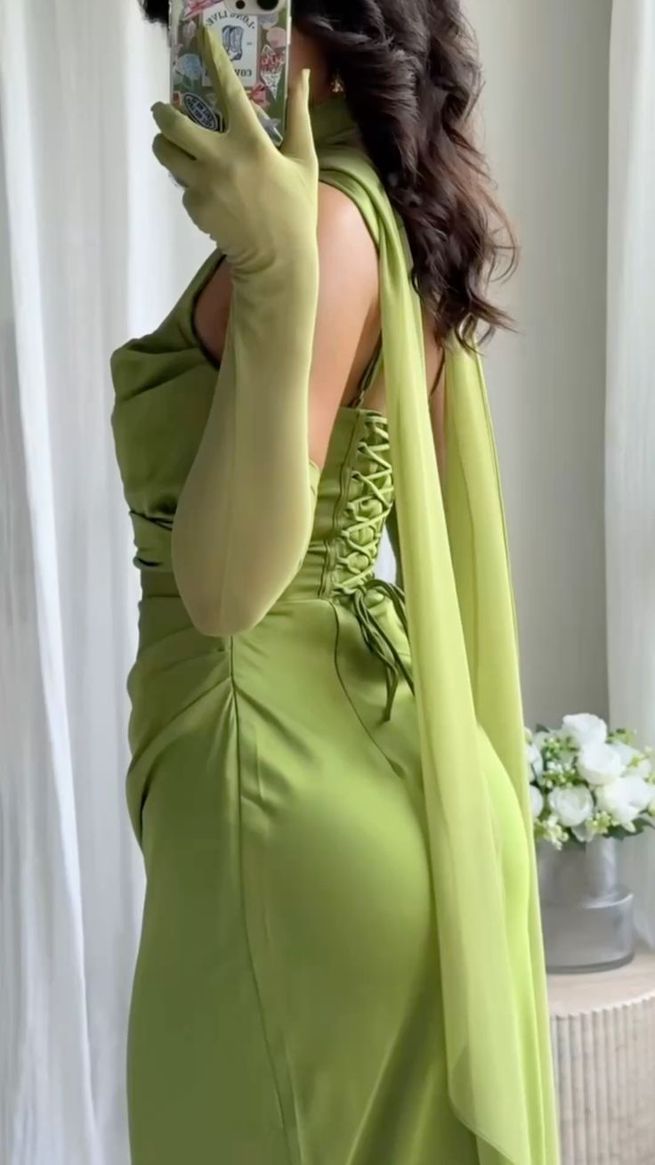 Elegant Green Spaghetti Straps Satin Pleated Mermaid Party Dress Formal Wedding Guest Dress - View 4 | FashionDia