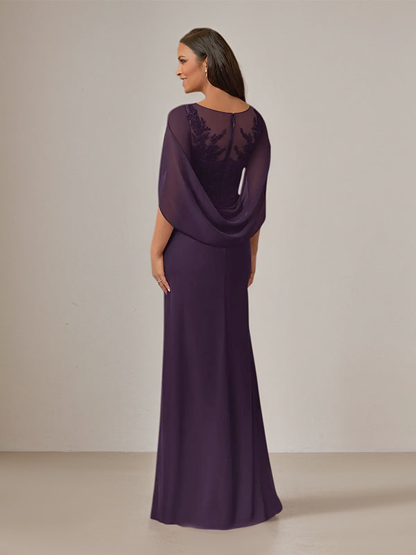 Plum Sheath/Column Chiffon Boat Neck Floor Length Mother of the Bride Dress