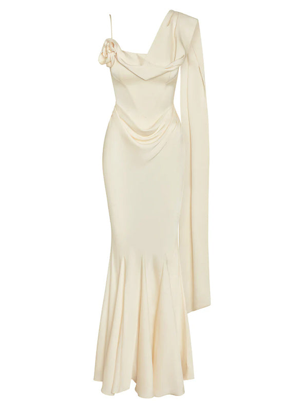 Ivory Satin Asymmetrical Neck Sleeveless Floor Length Dress With 3D Flower