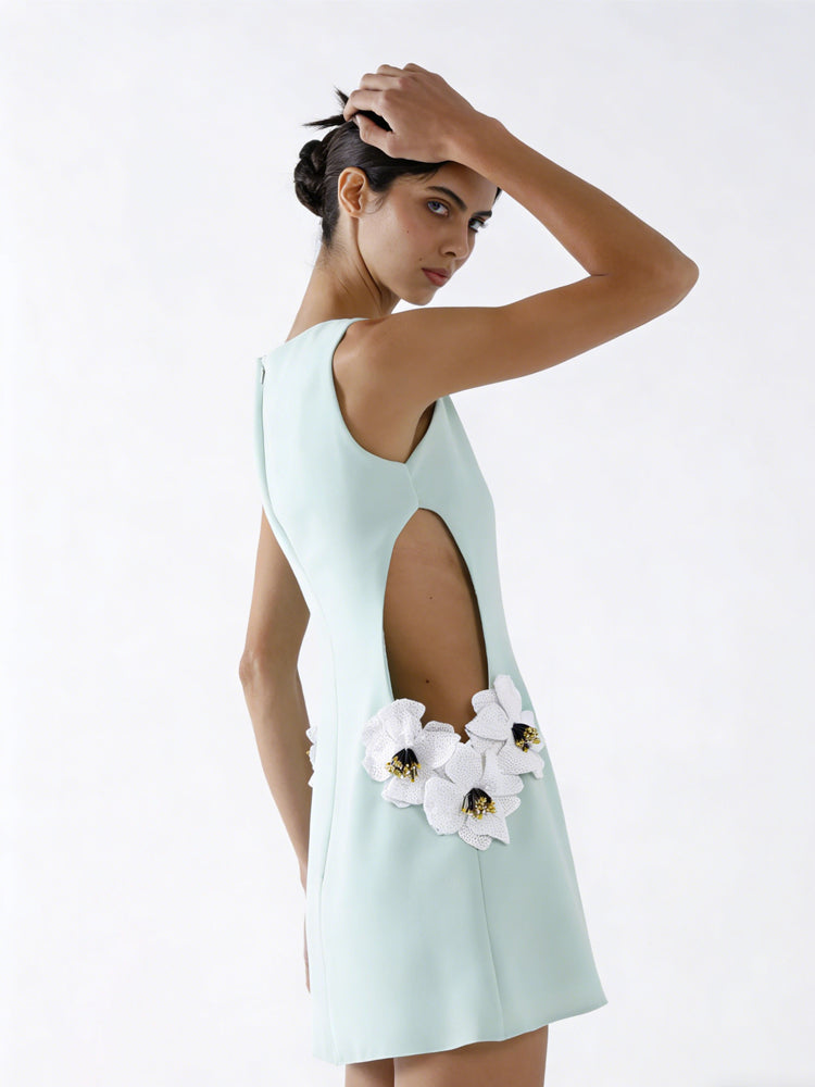 Mint Green Sequin Floral Cutout Mini Dress