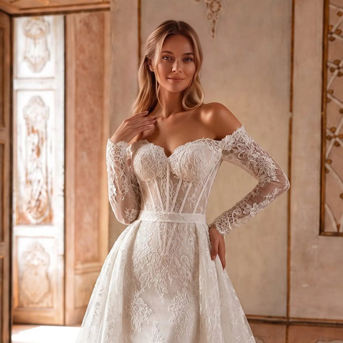 White Lace Mermaid Wedding Dress Off the Shoulder with Detachable Train and Long Sleeves ZP014