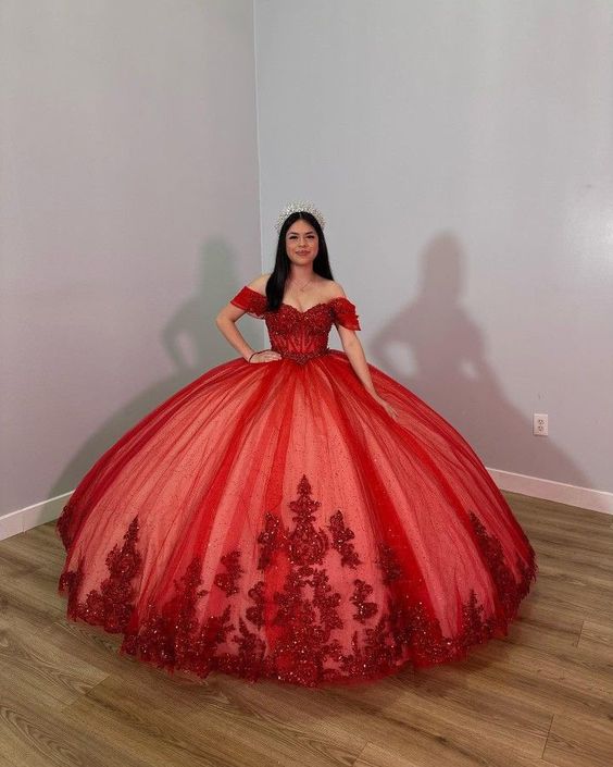 Red Off-the-Shoulder Ball Gown,Red Sweet 16 Dress,Princess Dress - FashionDia
