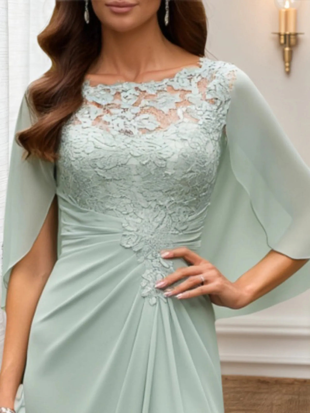 Mother of the Bride Dress Green Lace Crew Neck Cape Maxi Dress - View 2 | FashionDia