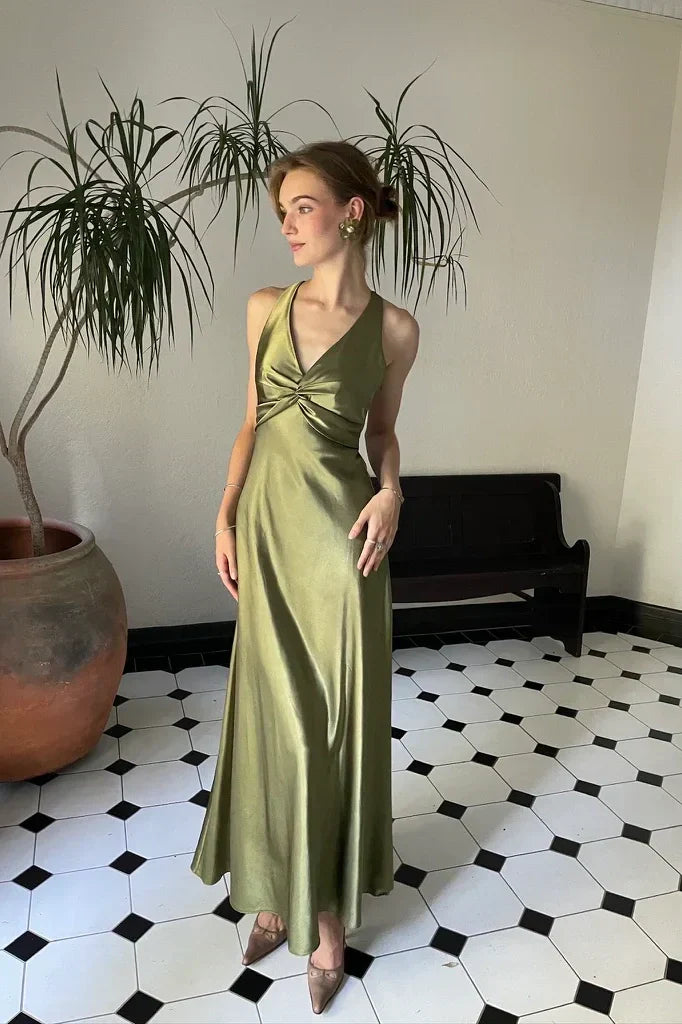 Chic Sheath Halter Neck Yellow Long Party Dress with Backless Bowknot