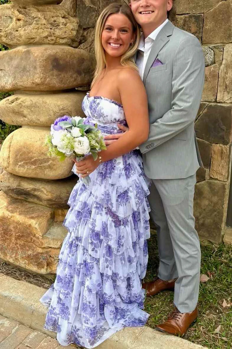 A-Line Strapless Empire-Waist Layered Print Sleeveless Prom Dress - FashionDia
