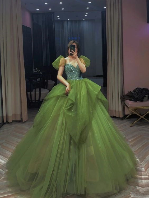 A-line Green Dress Tulle Long Prom Dresses Short Sleeves Evening Gowns
