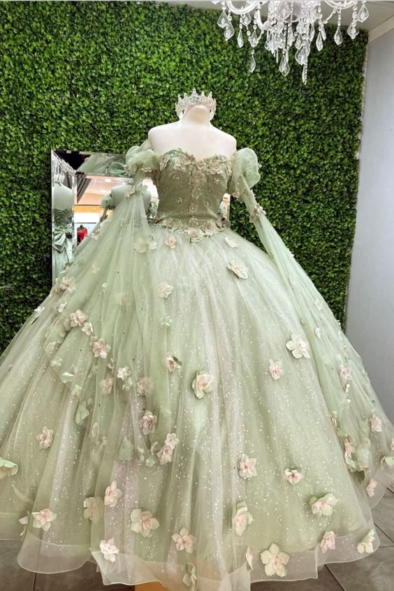 Shiny Light Sage Green Princess Dress with Flowers, Ball Gown Sweet 16 Dress - FashionDia