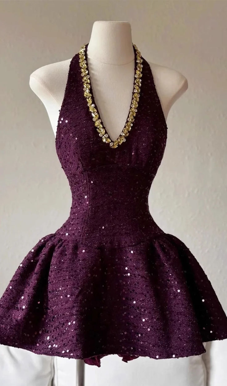 Dark Purple Sequin V Neck Halter Homecoming Dress Short Party Dress    fg7688