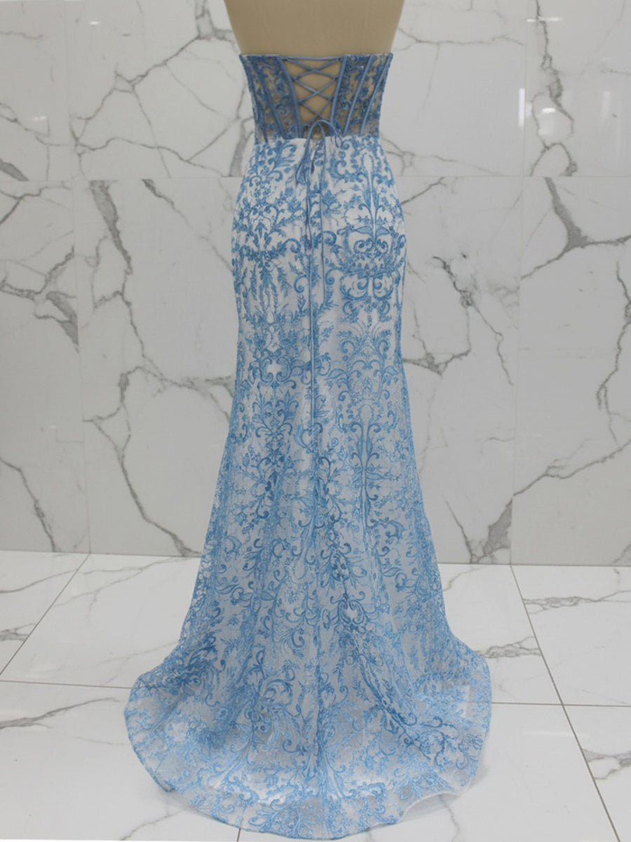 Blue Strapless Pearl Beaded Ruched Corset Long Prom Dress