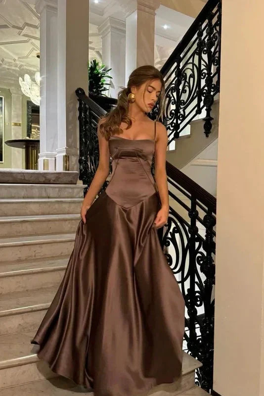 Chic A Line Spaghetti Straps Brown Party Dress with Ruffles