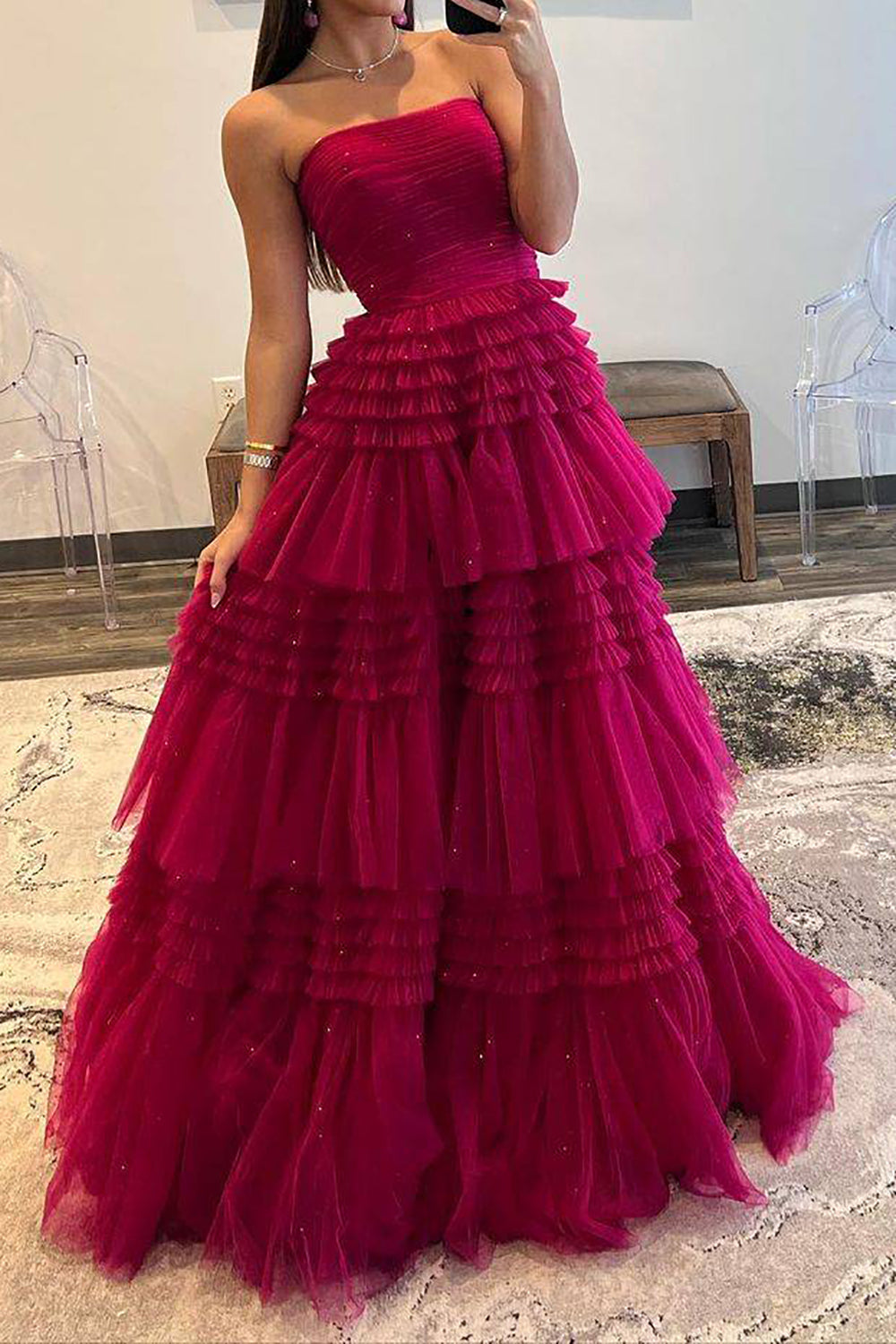 A-Line Strapless Fuchsia Long Prom Dress with Ruffles - FashionDia