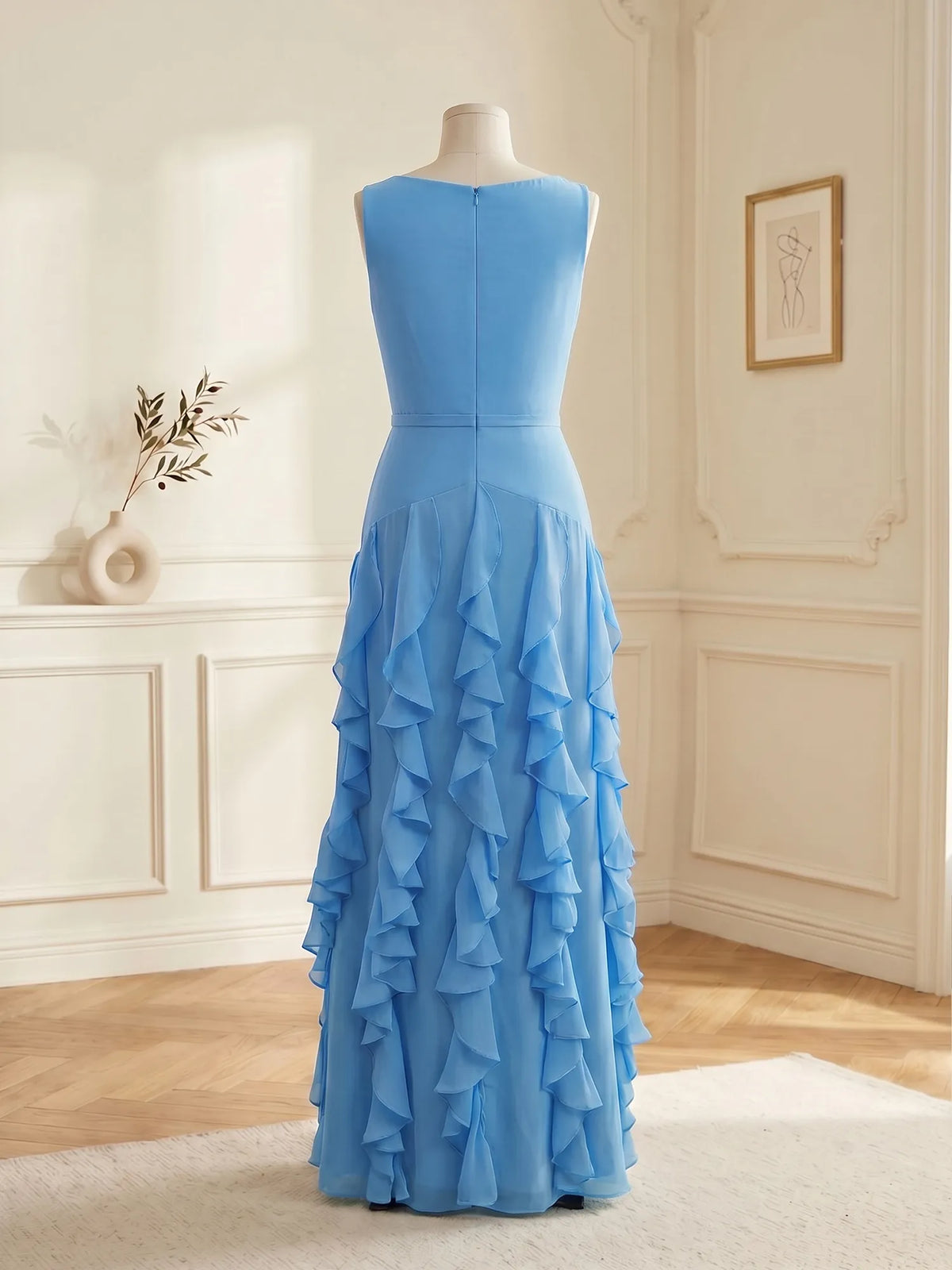 Sleeveless Tiered Chiffon Maxi Evening Gown with Ruched Bodice