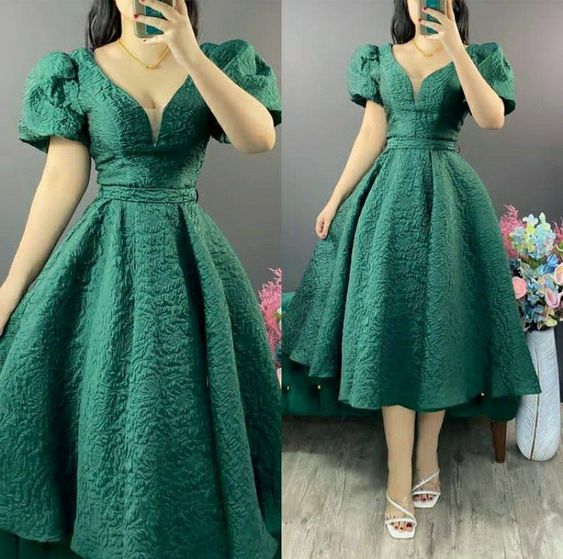 A-Line Green Mid Length Dress Prom Evening Dresses - FashionDia