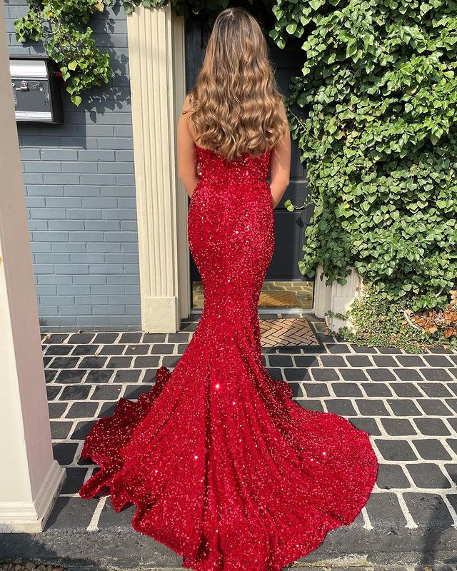 Red sequin prom dress, long mermaid prom dresses