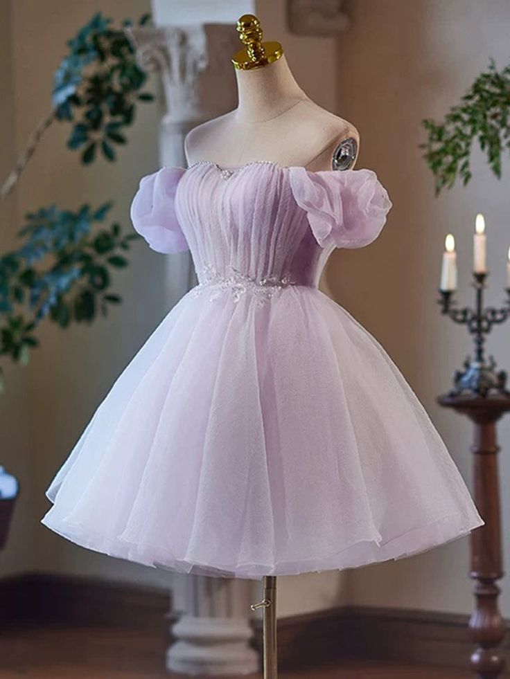 A-Line Sweetheart Neck Tulle Purple Short Prom Dress, Purple Homecoming Dress - FashionDia