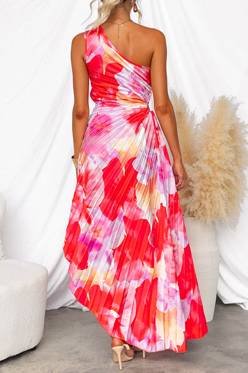 One Shoulder Sleeveless Print Asymmetric Maxi Pleated Dress - Fashionpara