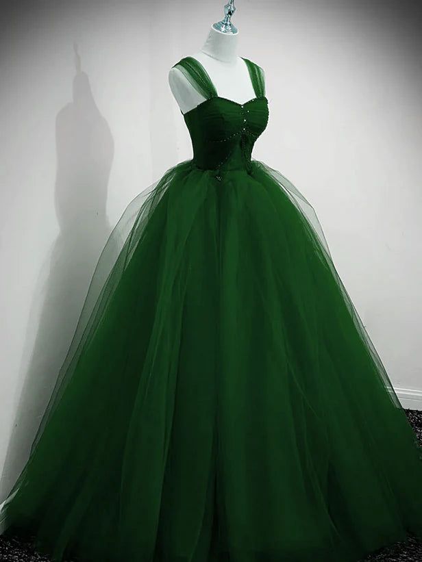 Beaded Tulle Off-the-Shoulder Long Party Dress Tulle A-Line Prom Dress Ball Gown Quinceanera Dress - FashionDia