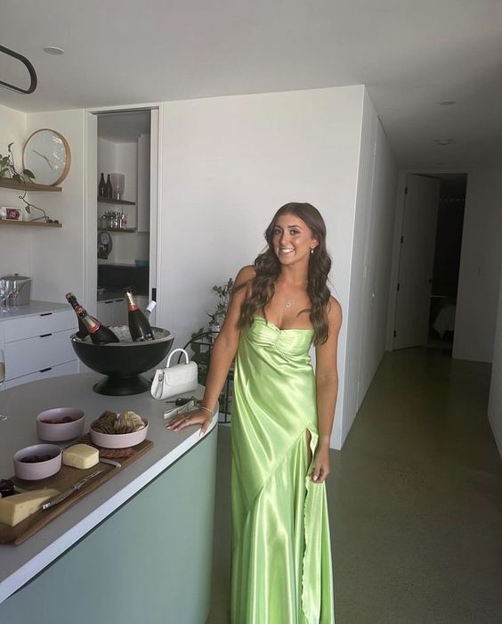 Green Birthday Party Dress Satin A Line Long Prom Dress With Slit