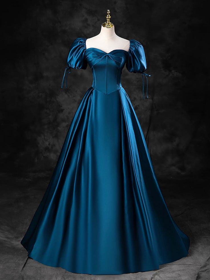 Blue Satin Off-the-Shoulder Floor-Length Prom Dress, Blue A-Line Party Dress - FashionDia