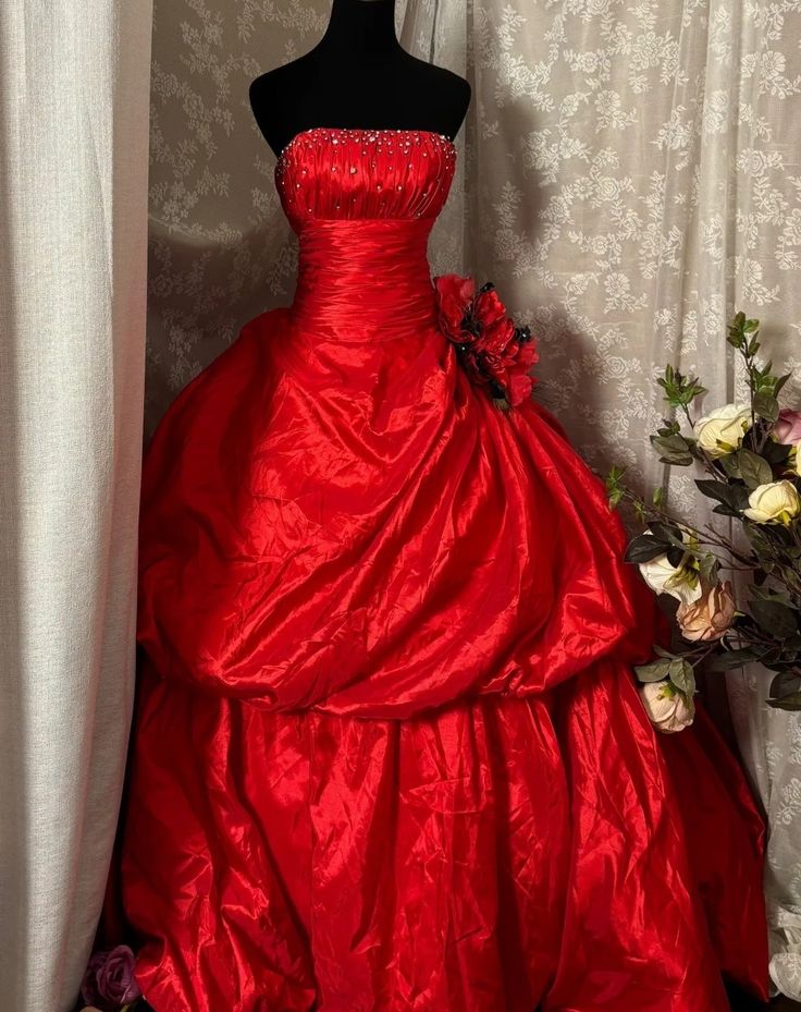 A Line Red Strapless Vintage Prom Dress Long Evening Dress