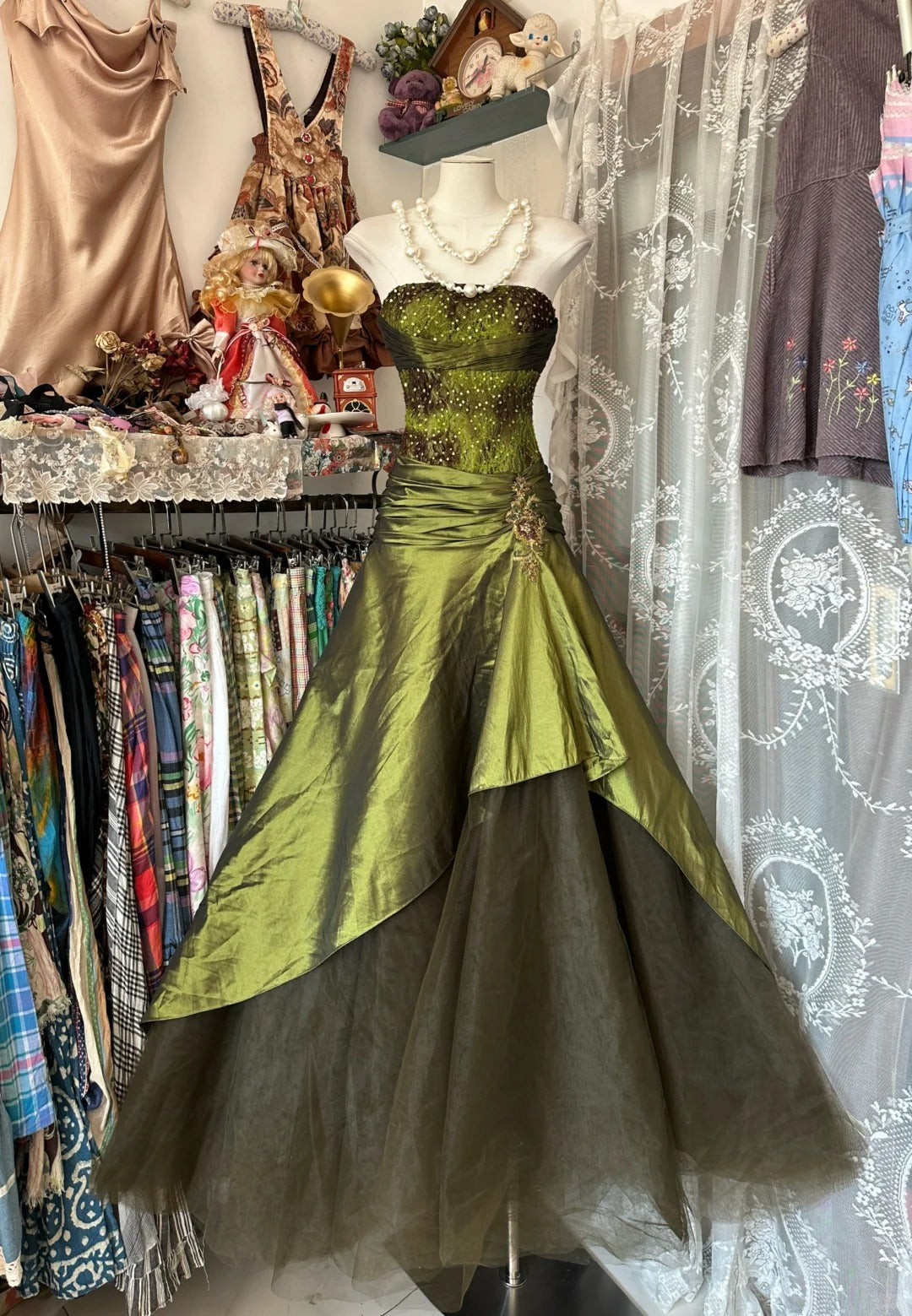 A-Line Green Strapless Vintage Prom Dress Long Evening Dress - FashionDia