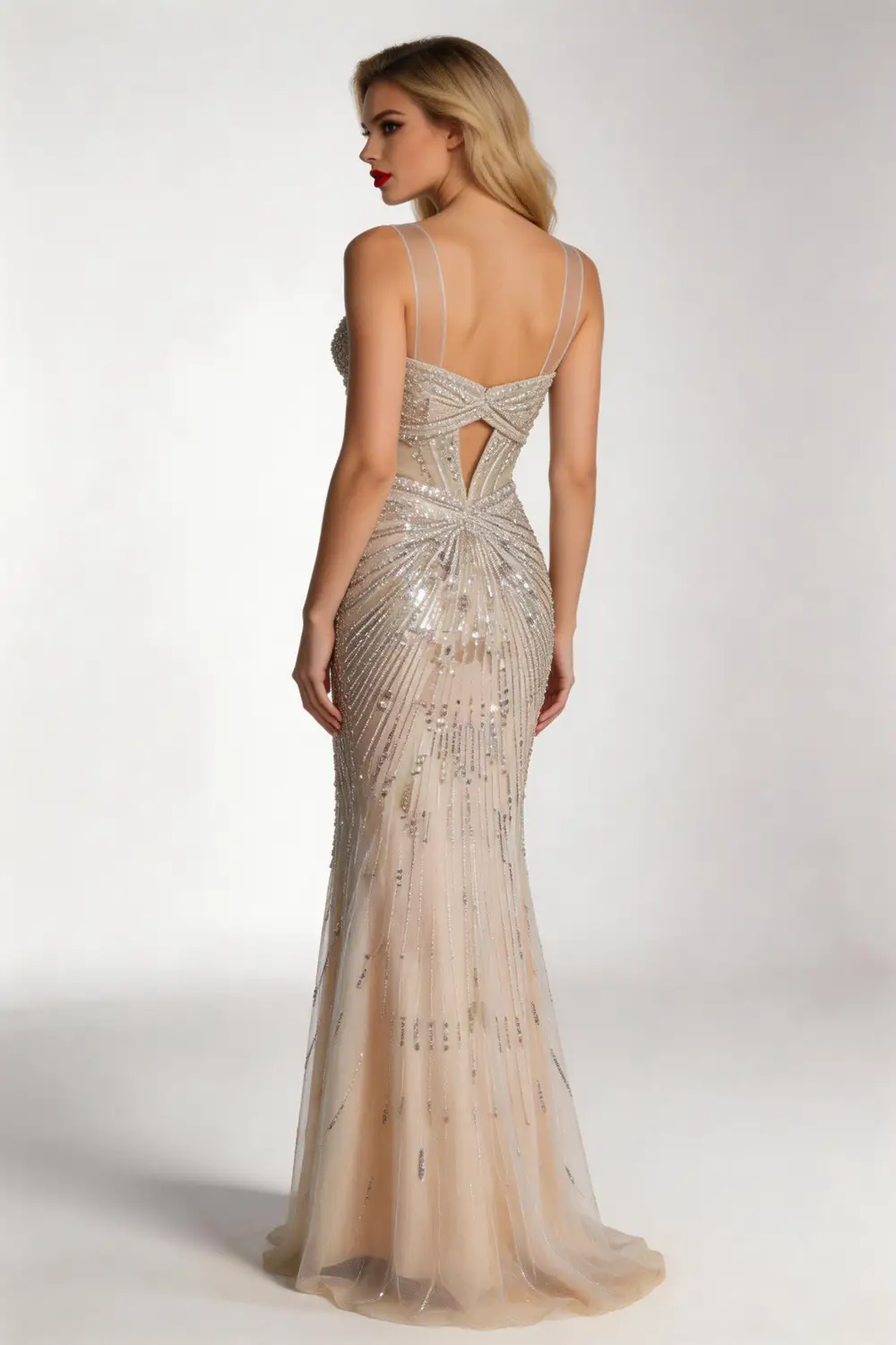 Champagne Beaded Mermaid Evening Gown Strapless Sequin Formal Dress (ZD17129)
